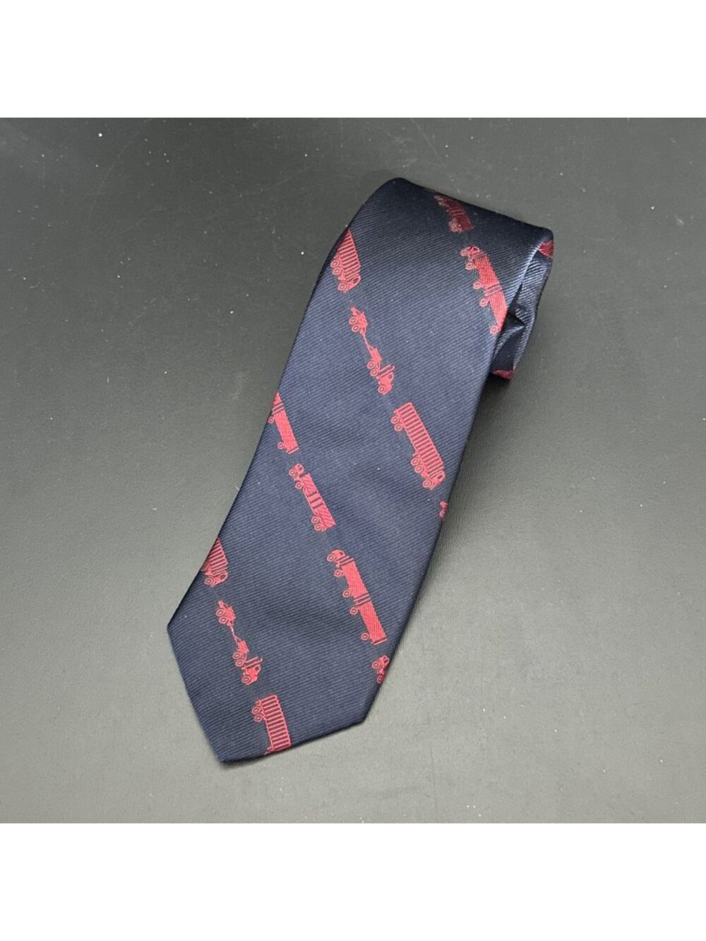 VTG BARNARD MAINE LTD Silk Necktie Navy w Red Semi Truck Motif Tie Cos Cob CT